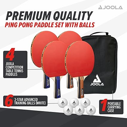 Premium Table Tennis Set - 4 Regulation Ping Pong Paddles,Training Ping Pong Balls and Carrying Case - for Training and Recreational Play - Indoor and Outdoor Compatible