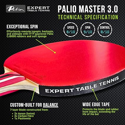Palio Master 3.0 Table Tennis Bat & Case | ITTF-Approved Intermediate Ping Pong Racket | Allround Speed, Spin and Control