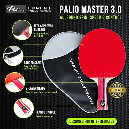 Palio Master 3.0 Table Tennis Bat & Case | ITTF-Approved Intermediate Ping Pong Racket | Allround Speed, Spin and Control